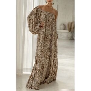 Erika Pena Dress Size OS Brown Animal Leopard Print One Shoulder Maxi